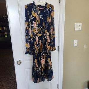 Pink and Blue Ruffled Dress With Sheer Sleeves